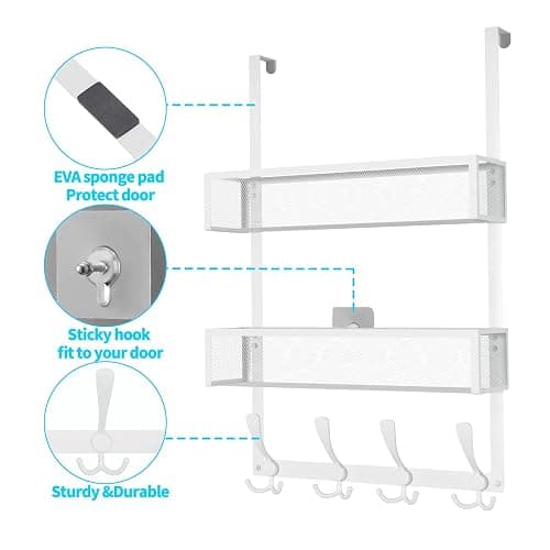 Kaiferty Over The Door Hooks Organizer,Coat Rack with 12 Hooks and 2 Mesh Baskets,Back of Door Storage Organizer for Bathroom,Bedroom,Kitchen,Office(White) - 2 Upgrated Baskets-White thumbnail 6
