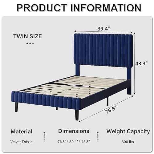 BarnFurin Twin Bed Frame/Velvet Upholstered Platform Bed with Adjustable Vertical Channel Tufted Headboard and Footboard/No Box Spring Required/Easy Assembly/Blue thumbnail 2