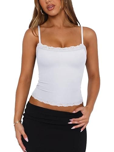 PINKMSTYLE Women's Sexy Square Neck Lace Cami Tank Tops Fitted Double Lined Sleeveless Crop Spaghetti Strap Summer Y2k Tops thumbnail 2