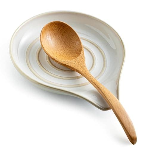 LAUCHUH Spoon Rest, Large Ceramic Spoon Holder for Kitchen Counter Spatula Rest Heat-Resistant Spoon Rest for Stove Top Cooking Utensil Holder, Farmhouse Kitchen Décor for Father's Day, Cream, 5 Inch - Image 1
