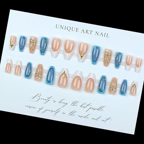 LPOODDNU 3D Gold Bow Star Press on Nails Almond - Medium Blue Fake Nails with French Tip Designs, Glossy Finished Reusable False Nails with Adhesive Glue Tabs - 24Pcs Nail Kit for Women Manicure thumbnail 4
