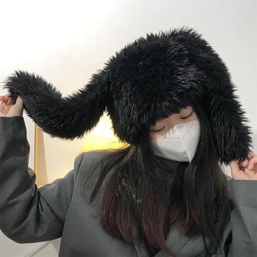 HENWASAI Y2K Fuzzy Bunny Hat for Women Girls Cute Furry Beanie with Ears Long Rabbit Ears Hat for Festival, Easter, Party thumbnail 3