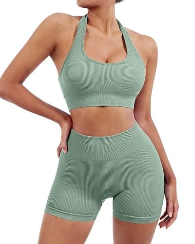 SUUKSESS Women Seamless Ribbed Workout Set Backless Sports Bra Booty Biker Short - Image 1