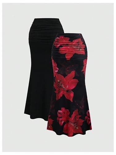 BEAUDRM Women's 2 Pack Fishtail Skirt Elegant Floral Ruched Skinny Bodycon Ruffle Long Skirts thumbnail 2