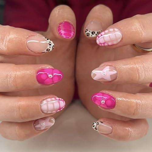 24Pcs Cute Almond Press on Nails Short Fake Nails with Flower Star Pattern Design Leopard French Tip Press on Nails Artificial Flower Nails Press ons Pink Full Cover Stick on Nail for Women - Image 1