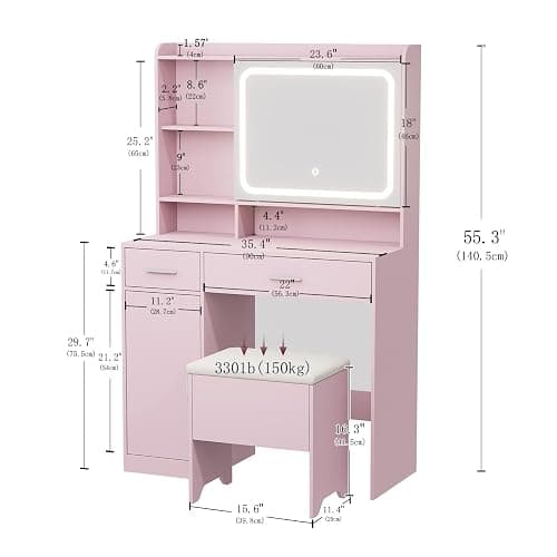 Hogxp Vanity Desk with Sliding Mirror & Power Outlets - Dimmable LED Lighting, 4 Open Shelves, 2 Drawers, 1Storage Cabinet & Padded Stool - Ideal Bedroom Makeup Dressing Table （Pink） thumbnail 3