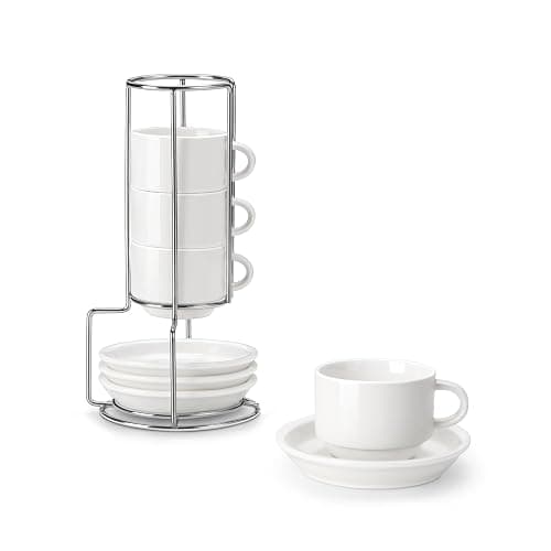 MALACASA 2.5 OZ Porcelain Espresso Cups with Saucers and Metal Stand Set of 4, Stackable Cappuccino Cups, White Expresso Shots Cup Set for Coffee Drinks, Latte, Tea - Image 1