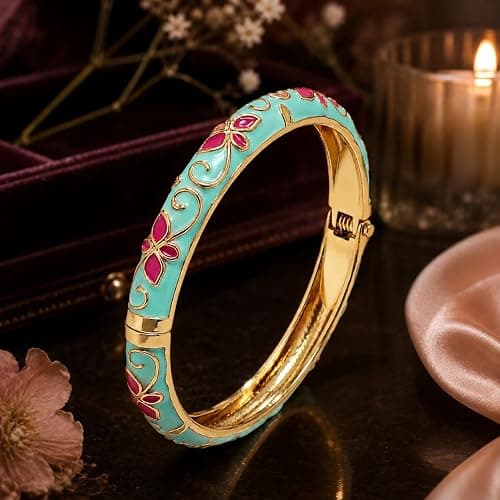 sunglnl Cloisonne Bracelet For Women, 4 Petals of Flower Shaped Enamel Bling Chunky Bangle Trendy Cute Colorful Gold Plated Vintage Bracelets Stackable Wife Jewelry Friendship Gift thumbnail 5