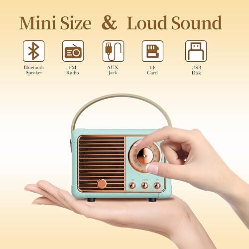 QUEQIMU Retro Bluetooth Speaker, Wireless Mini Portable Speakers Support USB/TF Card/AUX, Vintage Decor, Retro Radio Bluetooth Speaker for Kitchen Desk Bedroom Office Outdoor, Gifts for Teens, Blue thumbnail 3