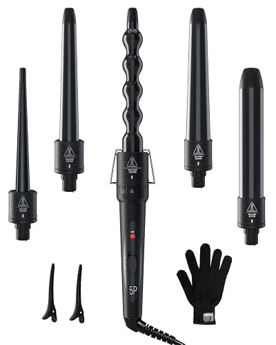 5 in 1 Curling Wand Set: Ohuhu Curling Iron Wand 5Pcs 0.35 to 1.25 Inch Interchangeable Ceramic Barrel Heat Protective Glove 2 Clips Dual Voltage Hair Curler for Girl Women Mother Christmas Gift Black - Image 1