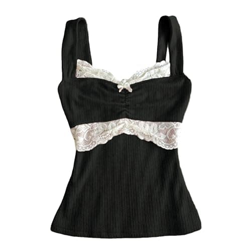 Women's Lace Trim Cami Tops Cable Knit Fairy Grunge Camisole Top Coquette Aesthetic Clothes - Image 1
