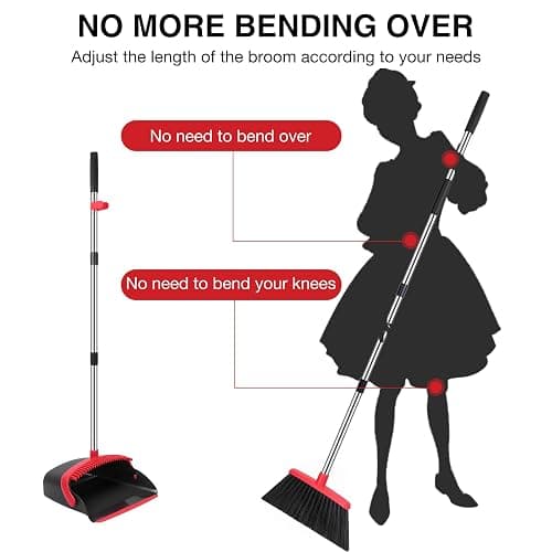 NACENA Broom and Dustpan Set, 52-in Long Adjustable Handle Broom Dustpan Combo with Dustpan Teeth to Automatically Clean Hair Suitable for Home Kitchen Office Hall Floor（Black&Red） - Medium - Black Red thumbnail 4