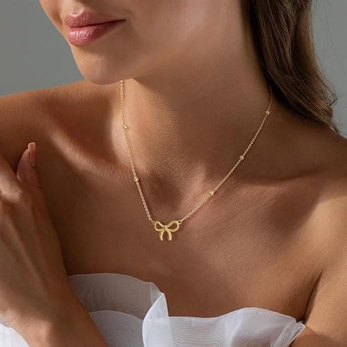 LUNADORN Bow Necklace Gold Necklace for Women 18K Dainty Gold Necklace Cute Small Tiny Bow Pendant Choker Chain Necklace Trendy Necklaces for Women Teen Gold Jewelry Gift thumbnail 3