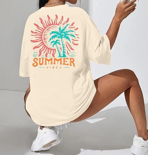 Graphic Tees Women Oversized T-Shirts: Summer Hawaiian Beach Tops Shirts Hawaii Tropical Beachy Short Sleeve Outfit thumbnail 4