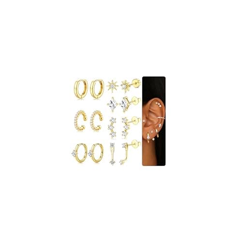 Dochais 7 Pairs Small Stud Hoop Earrings for Women 14K Gold Plated Huggie Earring Sets for Multiple Piercing Hypoallergenic Dainty Earring Stacks Cute Silver Cartilage Jewelry Trendy Gifts - Gold Earring A - Yellow Gold thumbnail 6