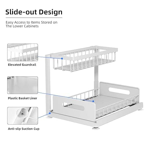 Lxmons 2-Tier Under Sink Slide Out Organizer, 2 Pack Pull Out Cabinet Storage Shelf with Sliding Wire Basket Drawer for Bathroom Kitchen, Countertop or Pantry Shelf, White thumbnail 4