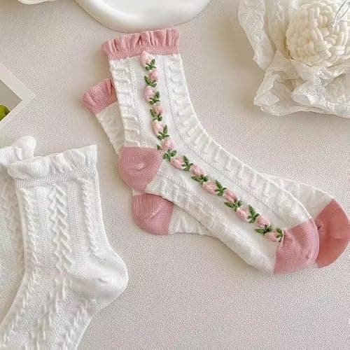 5 Pairs White Cute Socks, Women's Lace Ruffles Ankle Casual Sock, Cottagecore Breathable Mid Tube Socks, Floral Crew Socks thumbnail 7