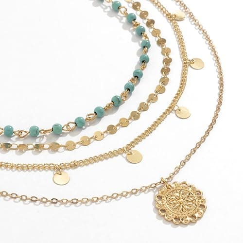 Taichell Gold Layered Turquoise Necklace for Women Multi Boho Long Necklace Bohemian Coin Pendant Necklaces Jewelry thumbnail 5