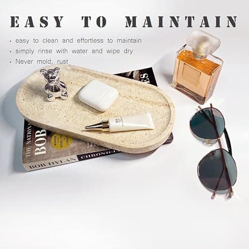 100% Natural Travertine Stone Tray for Perfume, Jewelry, Candle & Trinket Holder – Light Beige Stone Vanity Organizer for Bathroom, Coffee Table, or Living Room, 10"x5", Non-Resin/Ceramic thumbnail 4