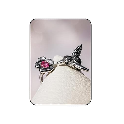 Hummingbird Ring For Women, Silver Vintage Bird Boho Western Adjustable Flower Wrap Ring Cute Animal Jewelry Black Stone Statement Jewelry Gift - Image 1
