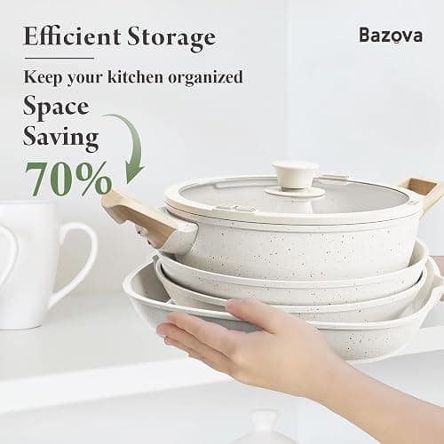 Bazova 19 Pcs Pots and Pans Set Non Stick Ceramic Cookware Set with Removable Handles, Non Toxic Induction Kitchen Cookware Sets RV Cookware,Dishwasher/Oven Safe PFAS/PTFE/PFOA Free Cream White thumbnail 3