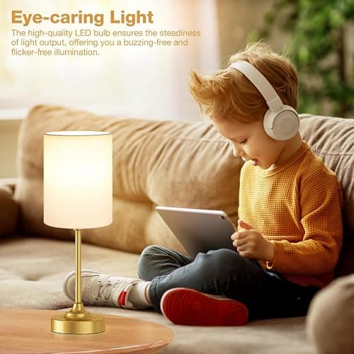 Fenmzee Gold Nightstand Bedroom Lamp - 3 Way Dimmable Bedside Lamp, Small Table Lamp Linen Lampshade for Office Desk, LED Bulb Included thumbnail 5