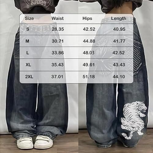 Unisex Y2K Hip Hop Baggy Wide Leg Jeans Skeleton Tiger Dragon Print Vintage | Vintage Y2K baggy jeans with skeleton, tiger or dragon prints, featuring a relaxed wide leg fit for everyday hip hop style. thumbnail 8