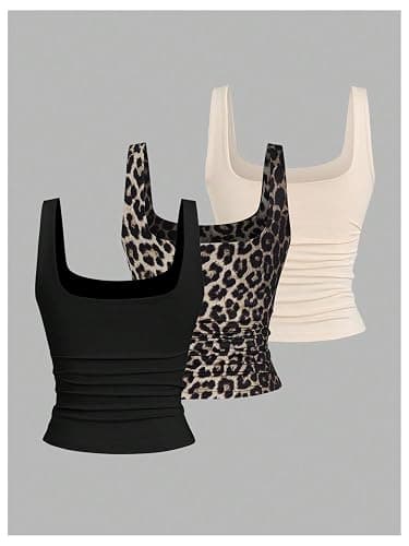 SweatyRocks Women's 3 Pack Tank Tops Camo Leopard Print Square Neck Sleeveless Summer Fitted Tops thumbnail 2
