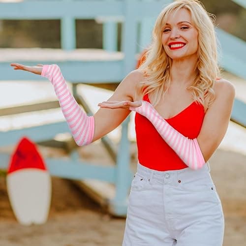 Syhood 2 Pairs Halloween Christmas Punk Gothic Rock Long Arm Warmers Knit Fingerless Gloves Thumb Hole Stretchy Women Stripe thumbnail 6