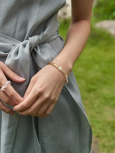 PERNNLA PEARL Dainty Gold Bar Bracelet for Women Simple Delicate Thin Cuff Bangle Hook Bracelet 18K Gold Plated Handmade Minimalist Jewelry thumbnail 2