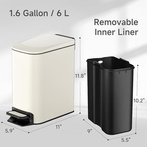 TIPGO Slim Bathroom Trash Can with Lid Soft Close, 6 Liter / 1.6 Gallon Stainless Steel Garbage with Removable Inner Bucket, Small Trash Bins for Bedroom, Office (Cream) thumbnail 5