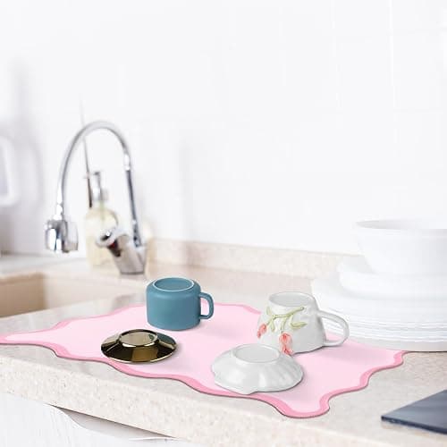 Nuanchu Pink Coffee Mat 12" x 19" Pink Coffee Bar Accessories Cute Dish Drying Mat for Kitchen Counter Scalloped Aesthetic Waterproof Coquette Drainer Pad thumbnail 7