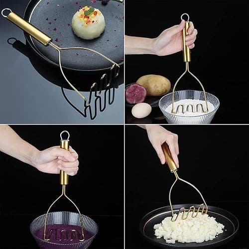 Gold Potato Masher, Stainless Steel Heavy Duty Metal Potato Ricer With Titanium Golden Plating, Food Masher Utensil, Hand Masher, Vegetables Fruits Mashe, Dishwasher Safe (9.6 Inch) thumbnail 6