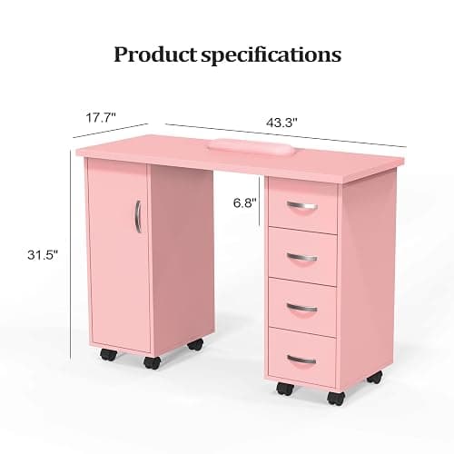 OmySalon Manicure Table Nail Desk with Cabinet, Drawers, Wheels & Wrist Rest, Spa Salon Beauty Home Wooden Technician Workstation for Nail Tech, Pink thumbnail 3