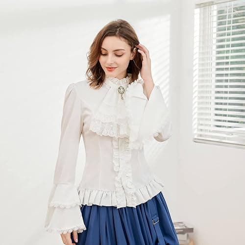 Womens Victorian Blouse Gothic Pirate Shirt Renaissance Blouse Vintage Long Sleeve Lotus Ruffle Shirt thumbnail 2