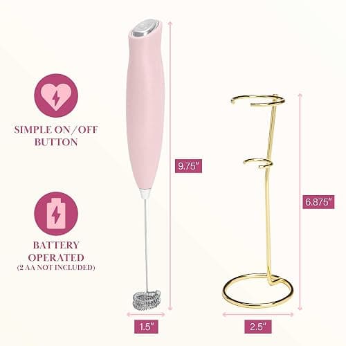 Paris Hilton Electric Handheld Milk Frother with Double Coil Head Whisk and Gold Metal Stand, Battery Powered (2 AA Batteries Required but Not Included), Pink thumbnail 3