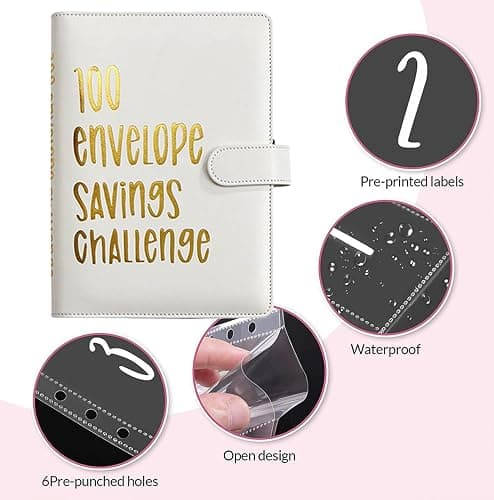 100 Envelopes Money Saving Challenge, 100 Envelope Challenge Binder, Easy and Fun Way to Save $5,050, Savings Challenges Budget Book Binder with Cash Envelopes for Office,Home,School (White) thumbnail 4
