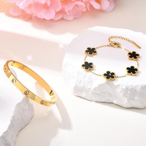 MPRAINBOW Womens Stackable Gold Bracelets Jewelry, 18K Gold Plated Floral Bracelet,Bangles Non Tarnish, Gold Cubic Zirconia Chain Set Trendy Gift,Christmas Valentines Birthday Gifts for Girlfriend thumbnail 7