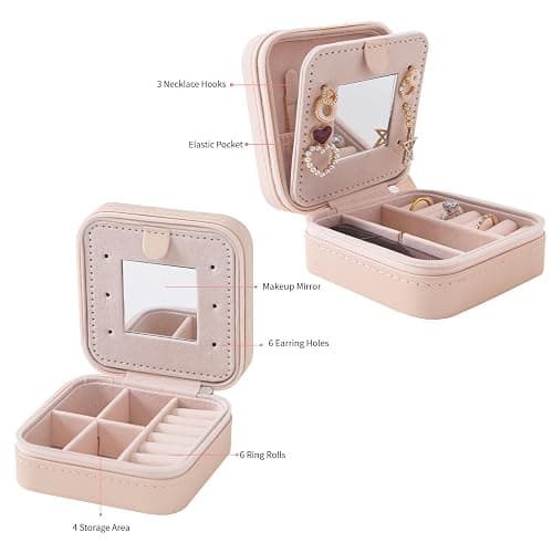 KElofoN Travel jewelry case Travel jewelry box Travel Jewelry Organizer Small box Gift for Girls Women with Mirror(Pink) thumbnail 5