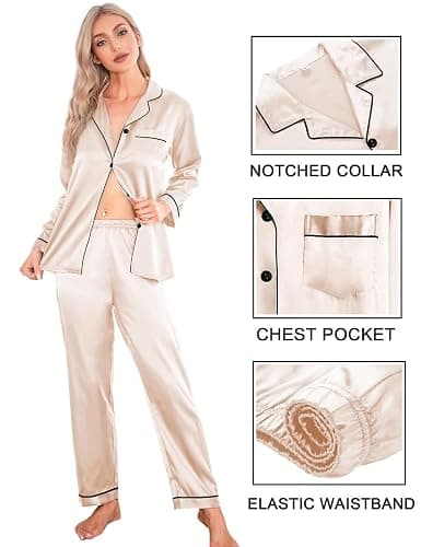 SWOMOG Women Satin Pajamas 7pcs Silk Sleepwear Sexy Cami Shorts Set Long Sleeve Button Down Pjs Loungewear with Eye Mask thumbnail 3