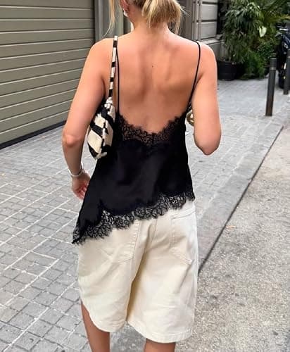 Women Lace Trim Satin Tank Top V Neck Silk Camisole Tops Asymmetrical Backless Spaghetti Strap Tank Cami Shirts thumbnail 5