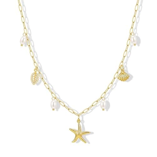 Zeffy Shell Necklace for Women,14K Gold Plated Layered Starfish Conch SeaShell Pearl Pendant Charm Necklace Stack Waterproof Dainty Beach Jewelry for Summer Vacation - Image 1