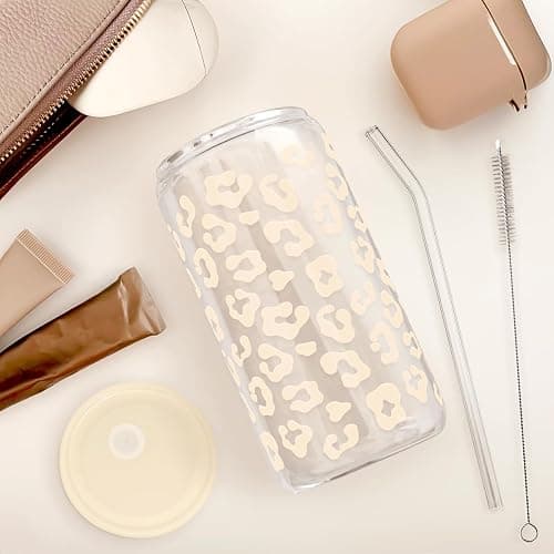 SANDJEST Leopard Glass Can, Beige Leopard Print Cup with Lid & Straw, Iced Coffee Aesthetic Cups, Gift for Christmas Birthday Mother Day, Gifts for Women, 16oz thumbnail 5