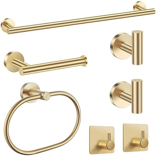 Brushed Gold Bathroom Accessories Set, 7 Pieces Gold Towel Bar Bathroom Hardware Set, 31.5 Inch Towel Racks for Bathroom, SUS304 Stainless Steel Bathroom Towel Holder Toilet Paper Holder Wall Mounted - Image 1
