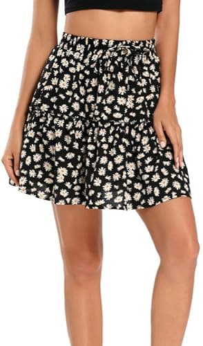 Hoerev Womens Girls Floral Flared Short Skirt Cute High Waist Ruffle Skirt Beach Mini Skirt - Large - Black_daisy - Image 1
