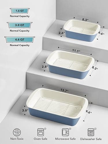 LE TAUCI Deep Casserole Dishes for Oven, 13.7”x9.6” Ceramic Baking Dish Set with Roasting Racks, Large Lasagna Pans with Handles, Rectangular Bakeware as Gift for Mom, Dusty Blue (4.6QT/3.0QT/1.6QT), Set of 3 thumbnail 3