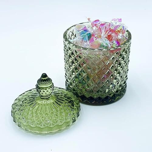 YILUSHENGHUA Colorful Glass Jar With Lid,Candy Cookie Jars,Jewelry Box,Christmas Decorative Jar(Olive Green) thumbnail 6