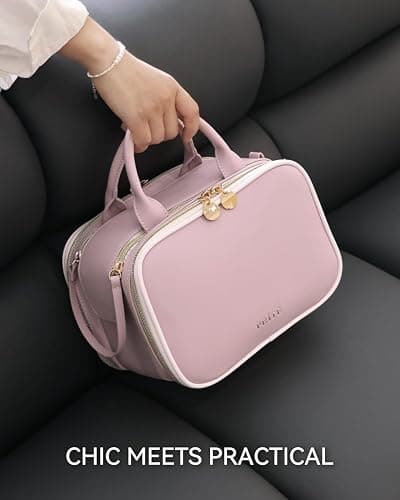 Prite Makeup Bag for Women, Large Capacity Waterproof Travel Cosmetic Organizer, Portable Open Flat Toiletry Bag with Free-Standing Brush Holder and Handle(Pink Medium) thumbnail 6