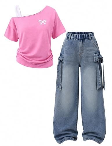 Kxuryueo Teen Girl Clothes One Shoulder Top and Wide Leg Stretch Jeans 2 Piece Casual Outfits Size 7-16 - Image 1