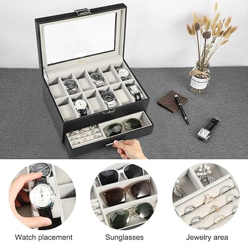 Voova Jewelry Box Watch Boxes Organizer for Men Women, 2 Layer Large 12 Slot PU Leather Watch Storage Case, Glass Top Jewelry Display Holder for Watches Sunglasses Rings Necklaces Bracelets,Black+Grey thumbnail 4
